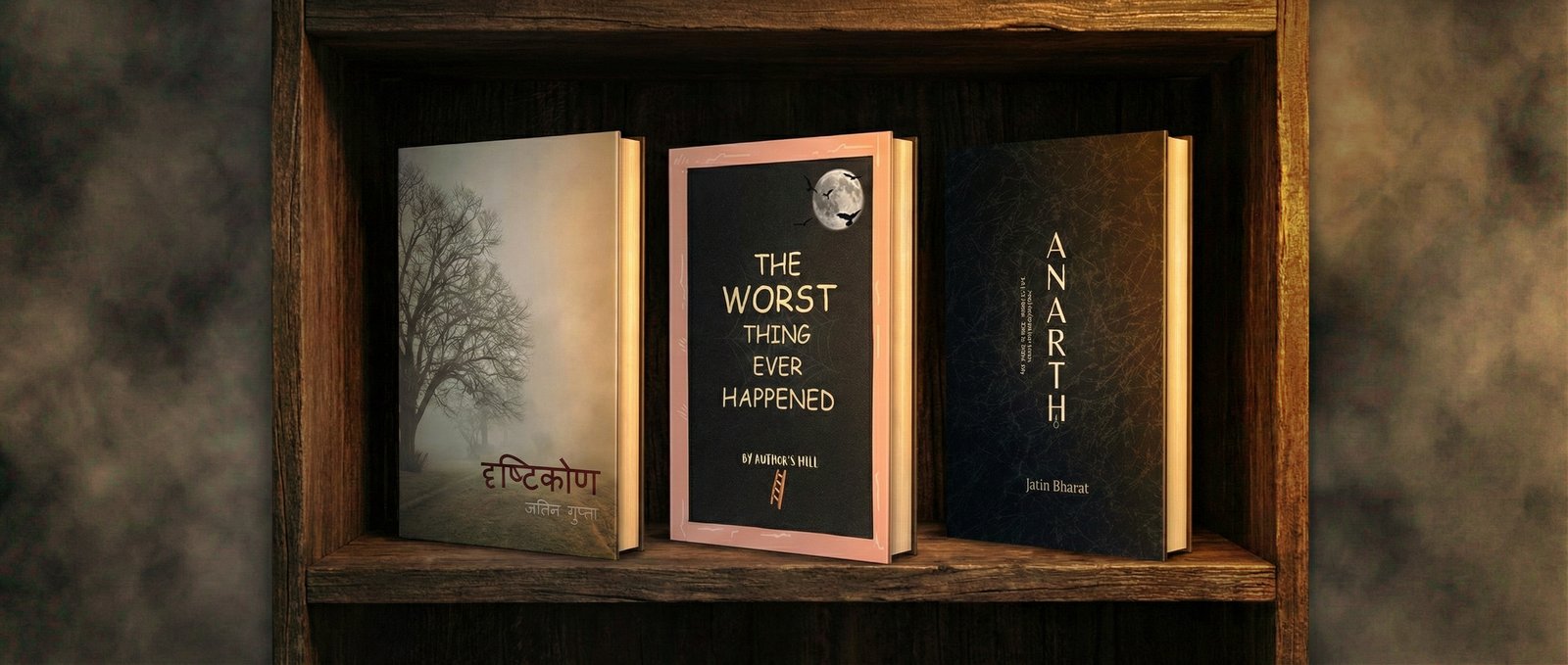 Three authored books by Jatin Bharat displayed on a wooden shelf
