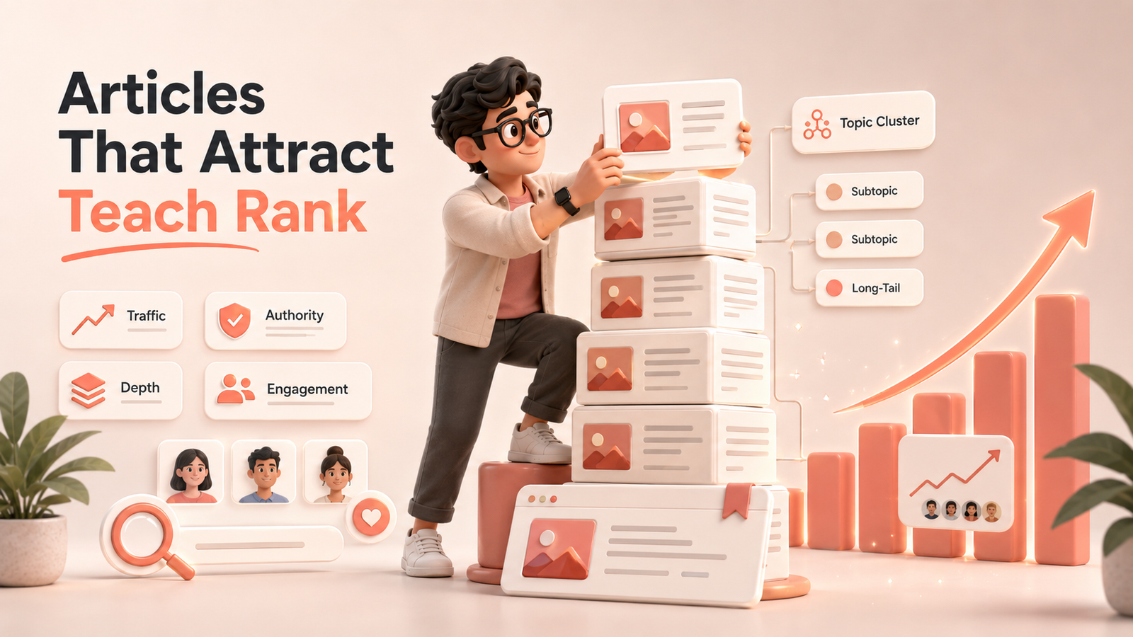 Mascot building article cards into a content system with rising visibility