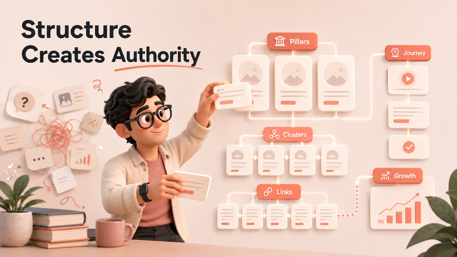 Mascot connecting scattered pages into a structured content architecture