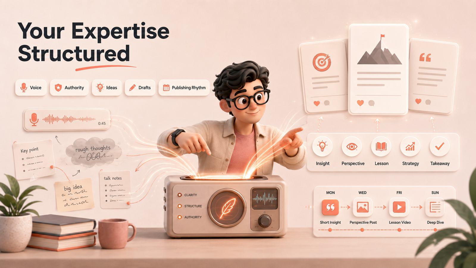 Mascot shaping voice notes into thought leadership content