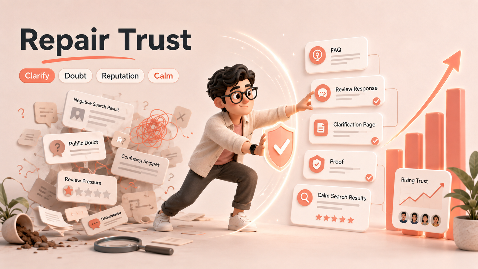 Mascot balancing reputation content with trust and clarification cards