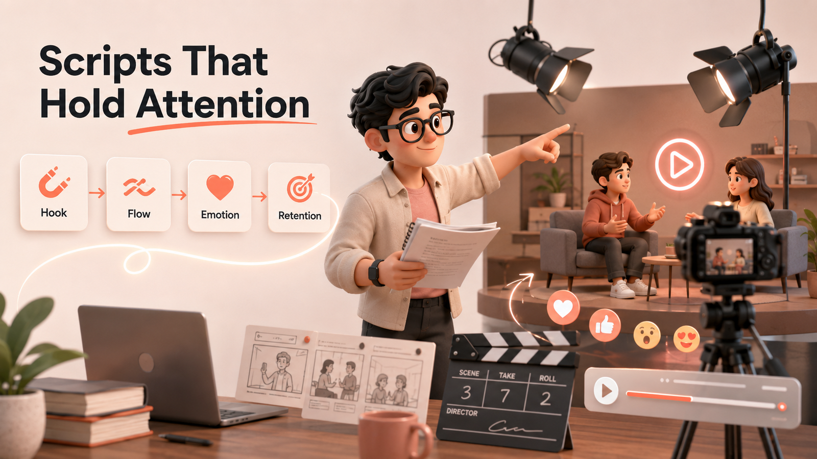 Mascot directing a video script timeline with hooks and emotion