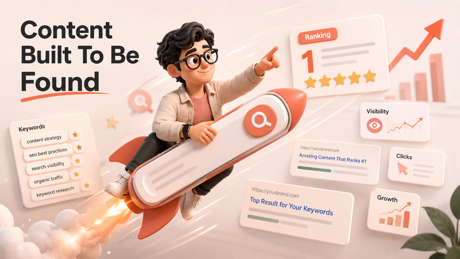 Mascot riding a search rocket through ranking and visibility signals