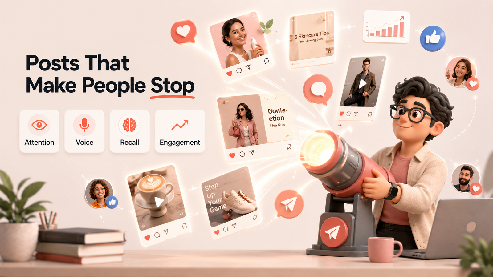 Mascot launching social media content cards with engagement signals