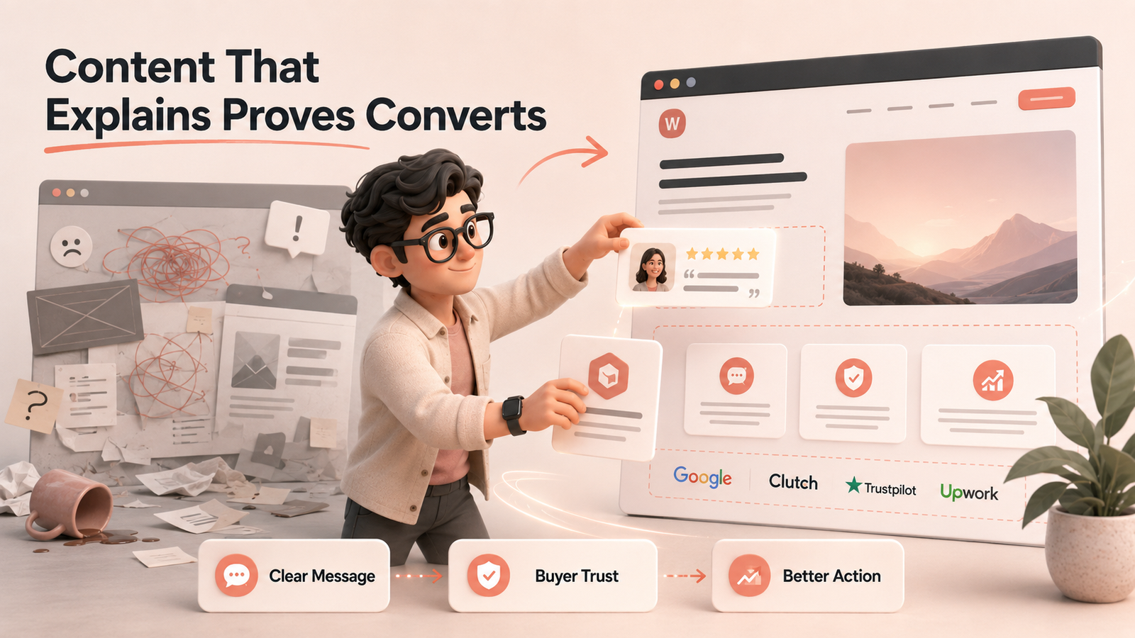 Mascot improving a website with proof cards and clear content blocks