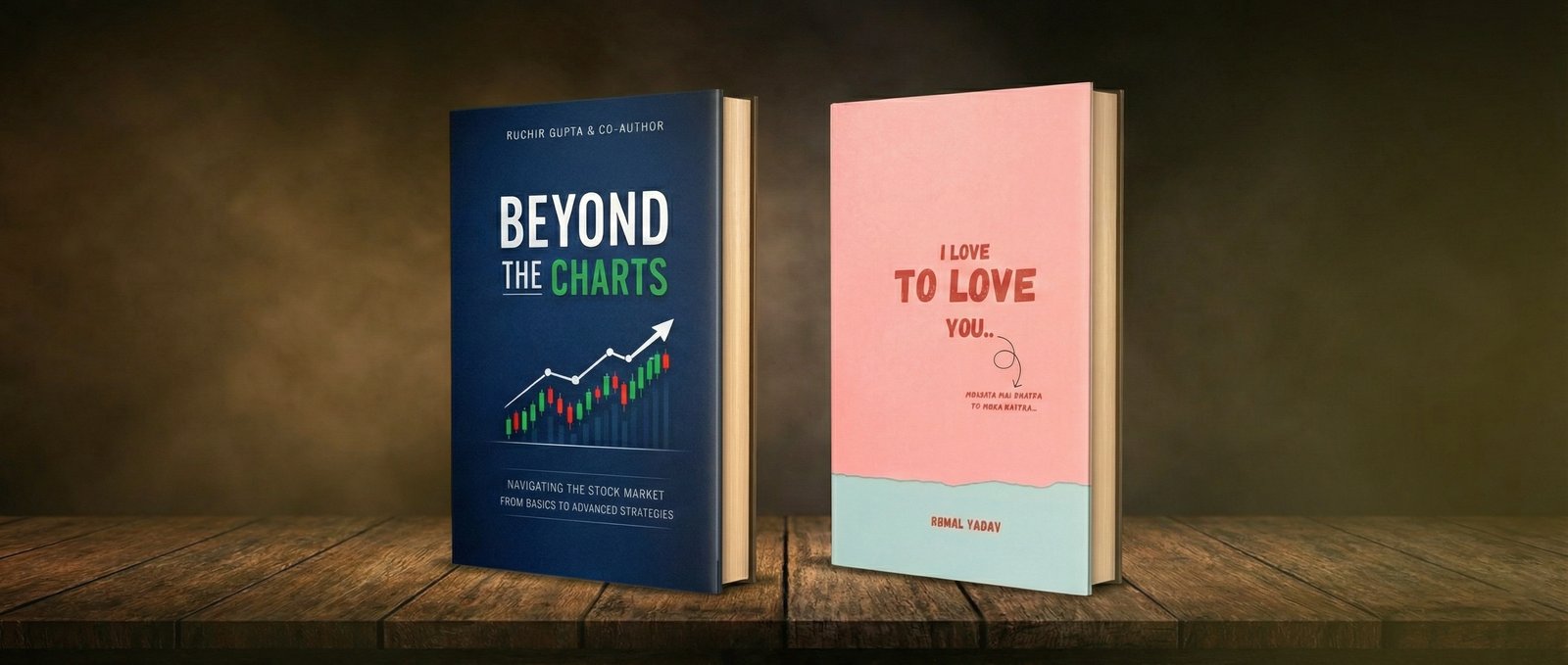 Client book projects Beyond The Charts and I Love to Love You displayed on a wooden table